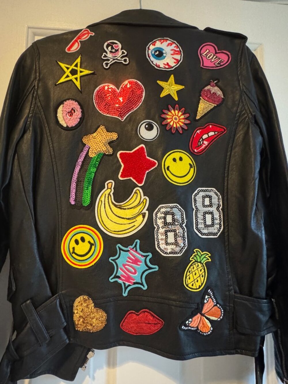 Sunset + Spring Black Faux Leather Moto Jacket with Embroidered Patches Size S
